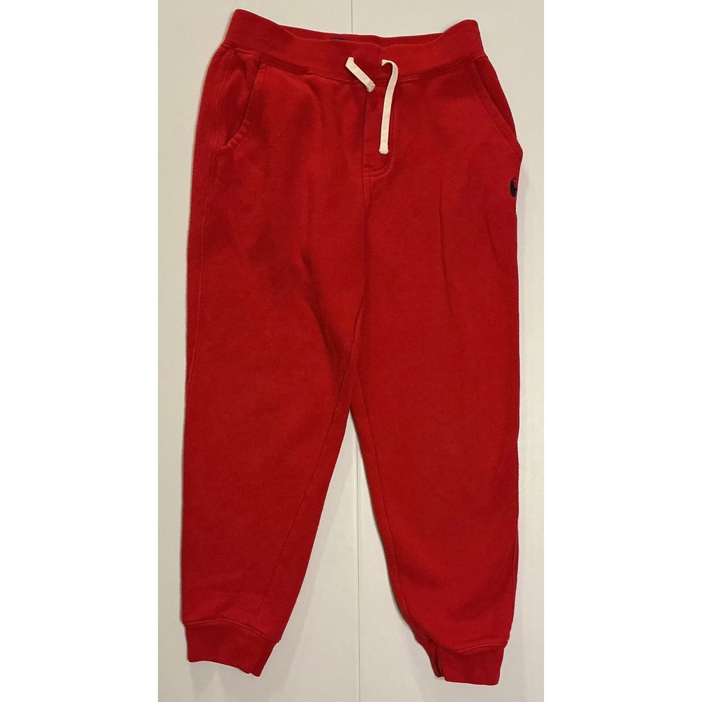 Y2K Polo Ralph Lauren Kids Red Fleece Joggers Sweatpants Size M 10-12 Drawstring